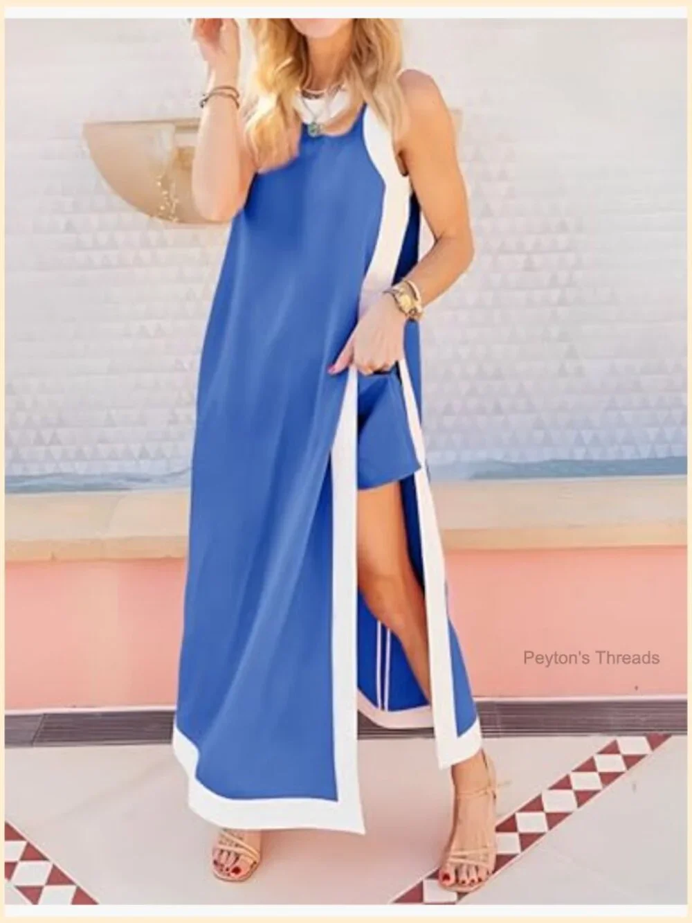 2 Piece Sets Boho Color Block Sleeveless Maxi Dress Matching Shorts with Pockets